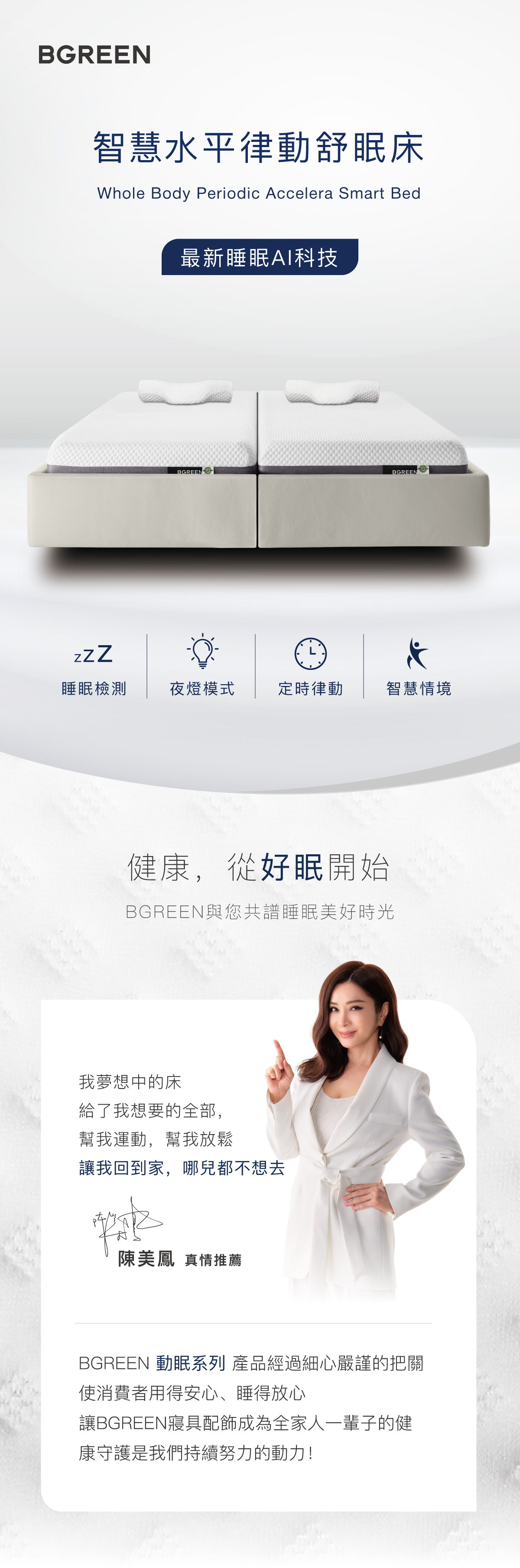 智慧水平律動舒眠床 最新睡眠AI科技 睡眠檢測 夜燈模式 定時律動 智慧情境 健康從好眠開始 陳美鳳真情推薦
