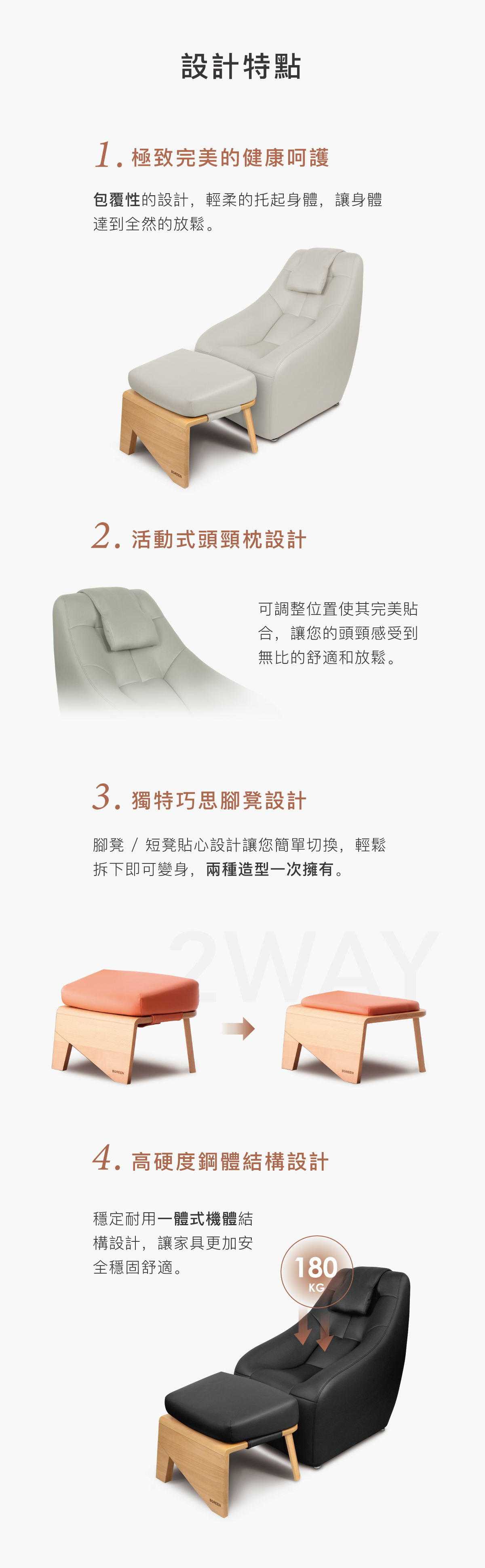 包覆性設計 活動式頭頸枕 腳凳短凳切換 高硬度鋼體結構 一體式機體 耐重180公斤