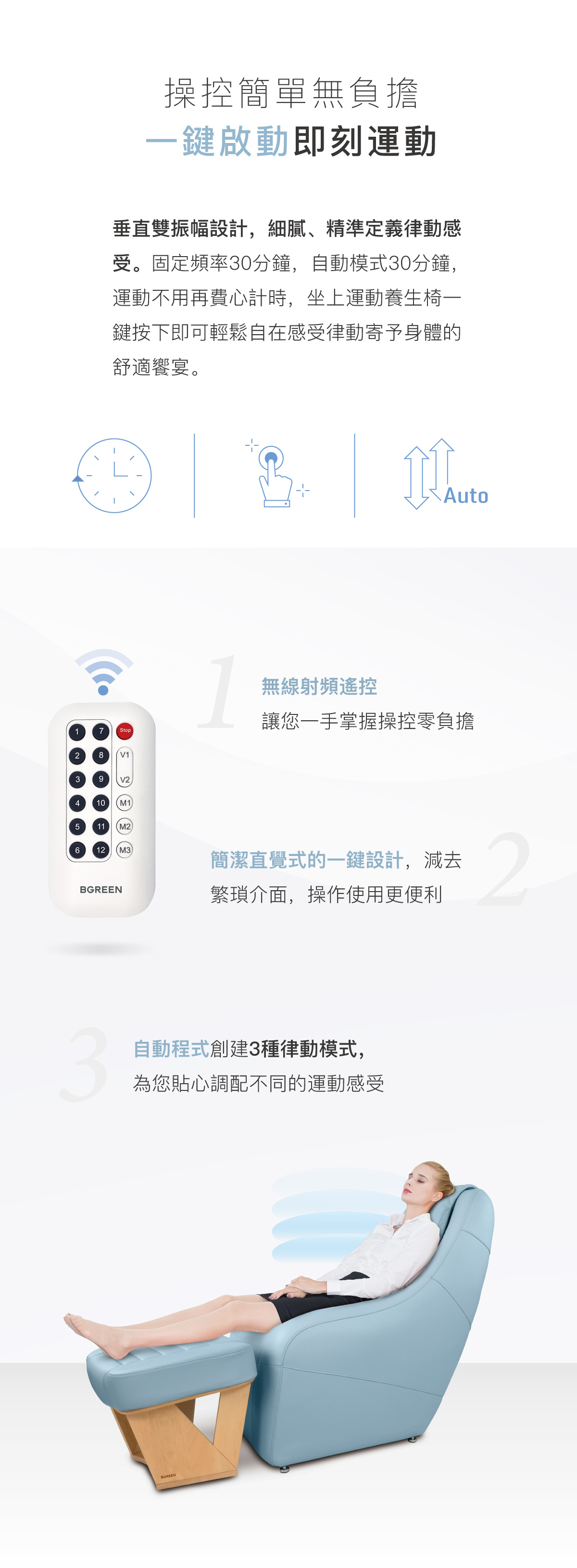 操控簡單無負擔 一鍵啟動即刻運動 垂直雙振幅設計 固定頻率30分鐘 自動模式30分鐘 無線射頻遙控 簡潔直覺式的一鍵設計 自動程式3種律動模式