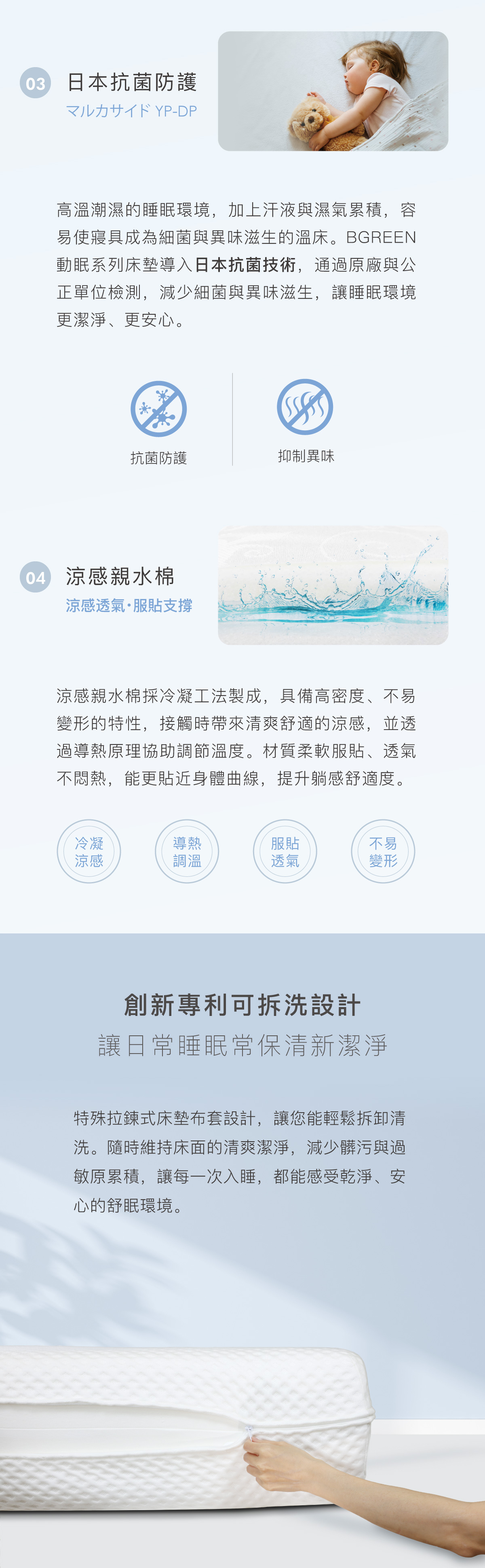 日本抗菌防護 抗菌防護 抑制異味 涼感親水棉 冷凝涼感 導熱調溫 服貼透氣 不易變形
創新專利可拆洗設計 讓日常睡眠常保清新潔淨