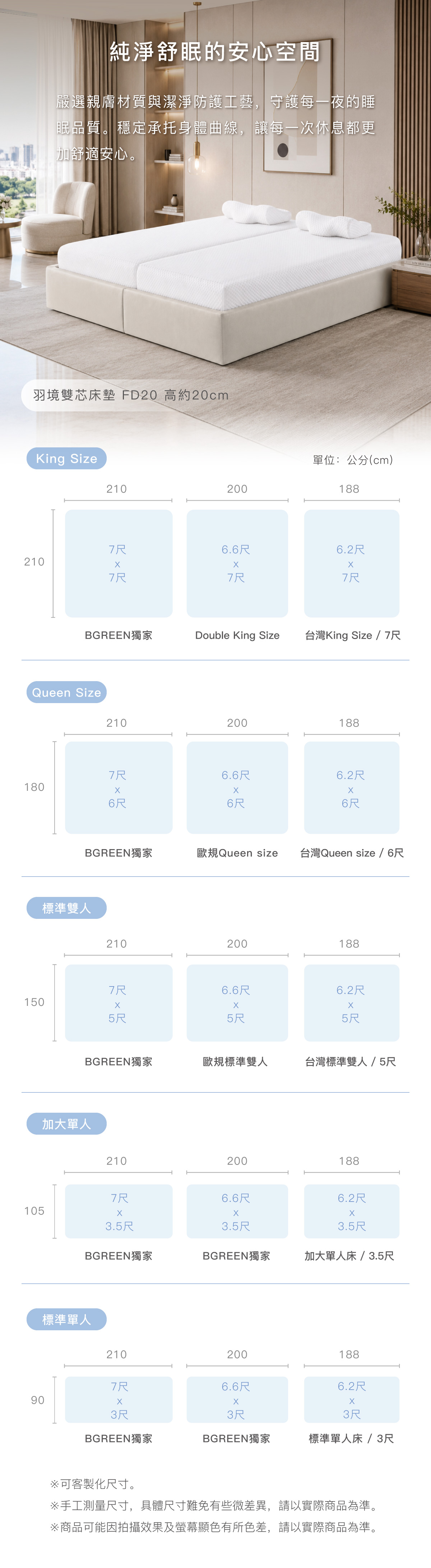 純淨舒眠的安心空間 床墊尺寸