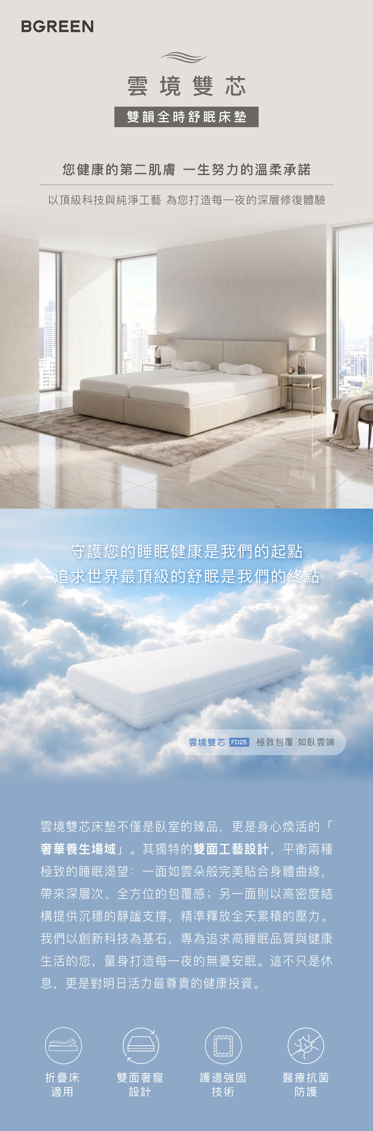 雲境雙芯 雙韻全時舒眠床墊 FD25 您健康的第二肌膚 一生努力的溫柔承諾 守護您的睡眠健康是我們的起點 追求世界最頂級的舒眠是我們的終點 折疊床適用 雙面奢寵設計 護邊強固技術 醫療抗菌防護