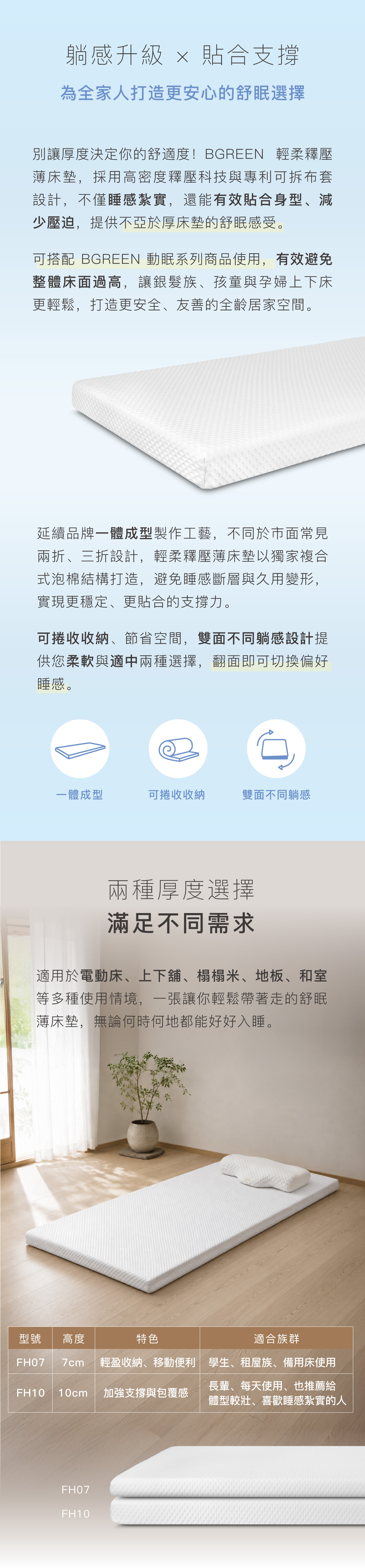 躺感升級ｘ貼合支撐 一體成型 可捲收收納 雙面不同躺感 兩種厚度選擇 滿足不同需求