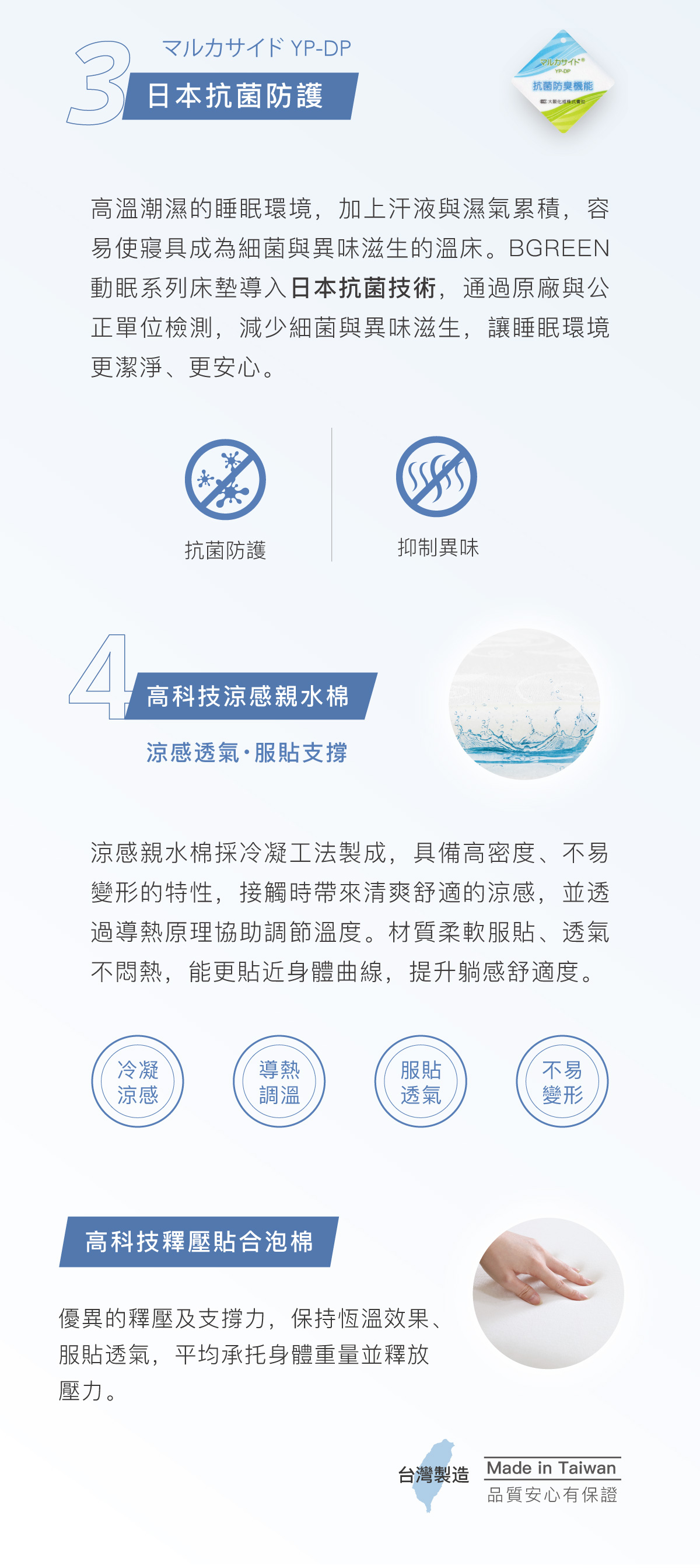 日本抗菌防護 抗菌防護 抑制異味 高科技涼感親水棉 涼感透氣 服貼支撐 高科技釋壓貼合泡棉 台灣製造 品質安心有保證